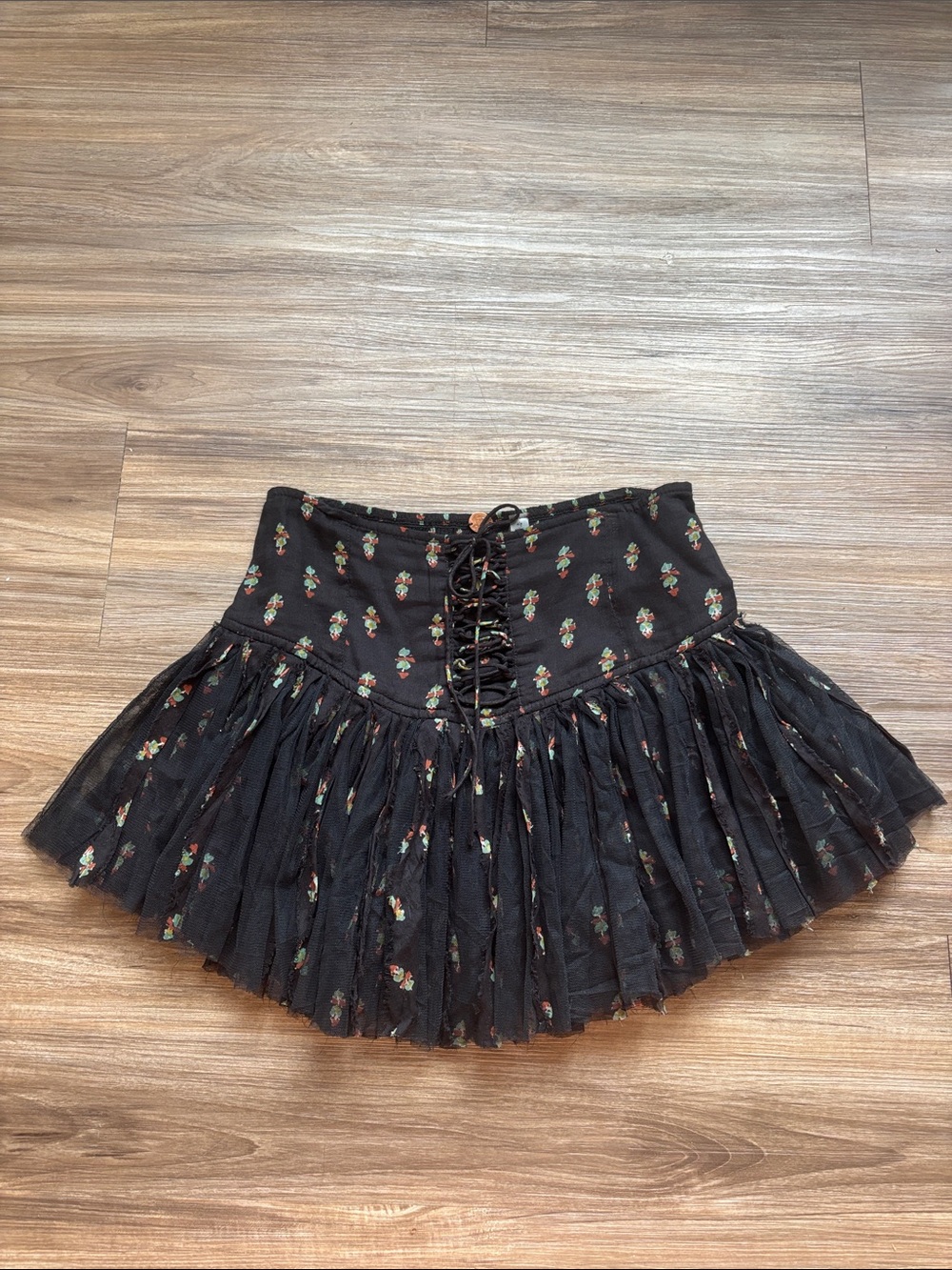 Free People Black Floral Lace-Up Tulle Circle Skort